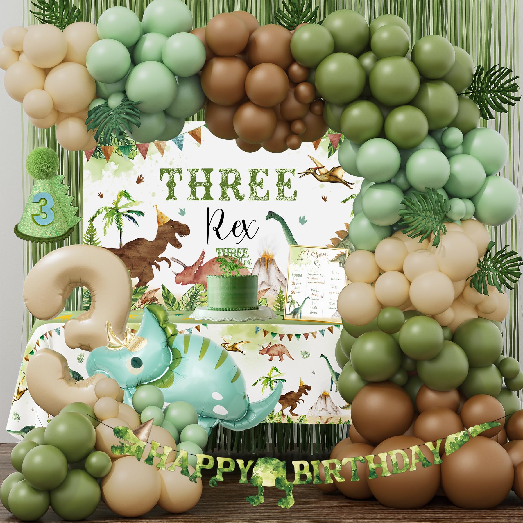 BSMIEFUS Three Rex backdrop enhances the party scene for a dino-themed celebration.