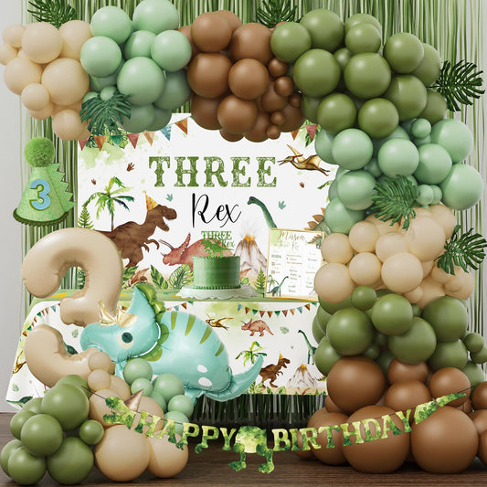 BSMIEFUS Three Rex backdrop enhances the party scene for a dino-themed celebration.