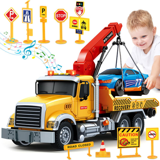 Bstoyder 15-inch tow truck toy with a lift and crane for rescue play.