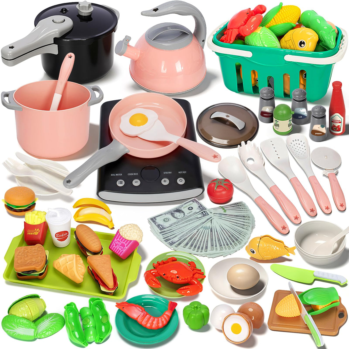 Bstoyder 168Pcs play kitchen induction cooktop with lights for immersive pretend cooking