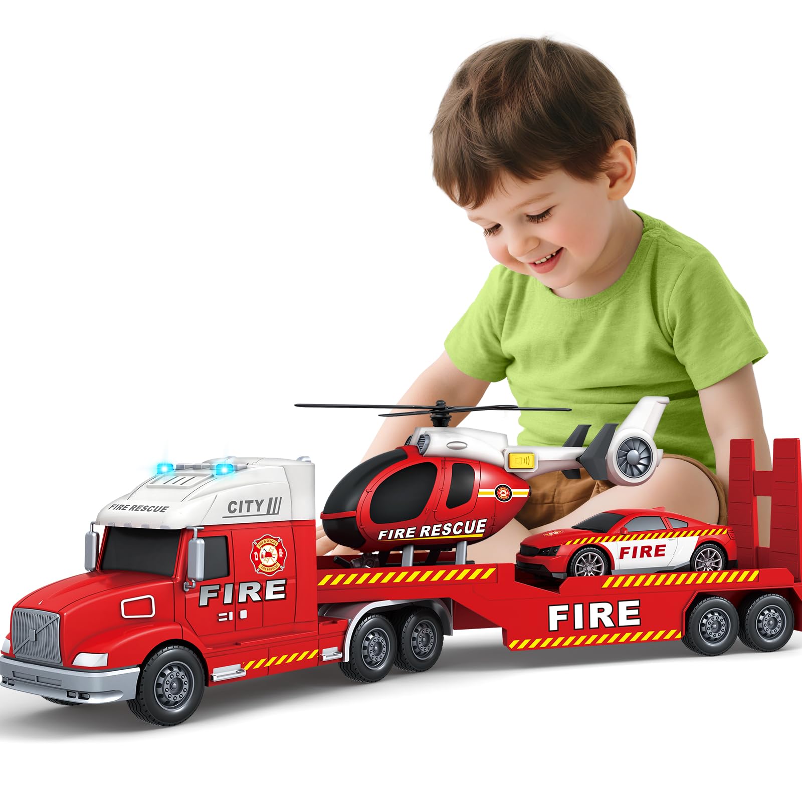 Bstoyder 27-inch fire truck with helicopter for imaginative play and hand-eye coordination.