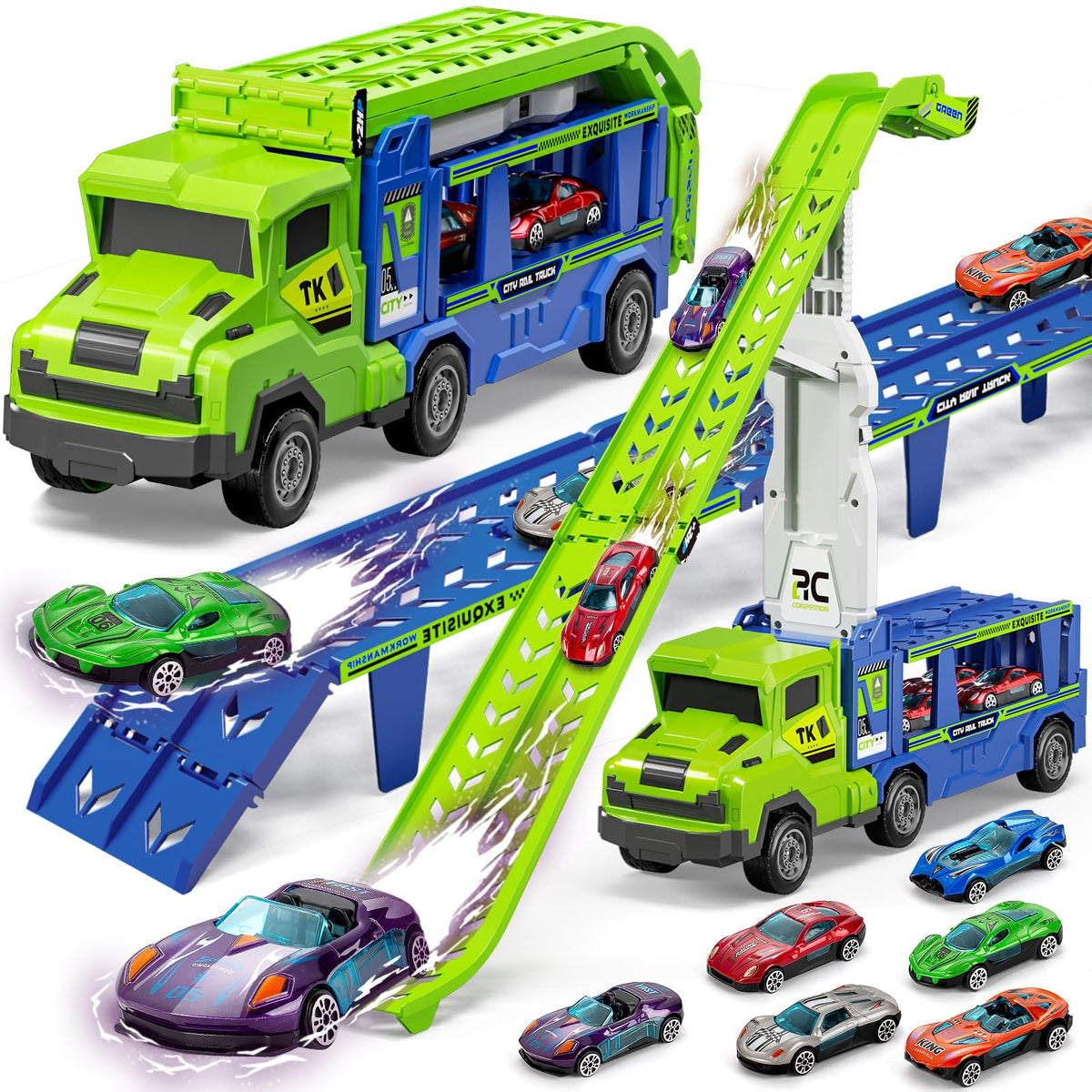 BSTOYDER 3-in-1 car carrier truck with folded track for quick setup.