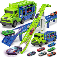 BSTOYDER 3-in-1 car carrier truck with folded track for quick setup.