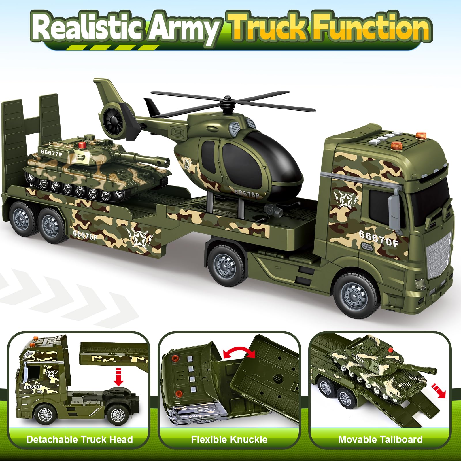 Bstoyder army truck with tank playset for pretend rescue and transport