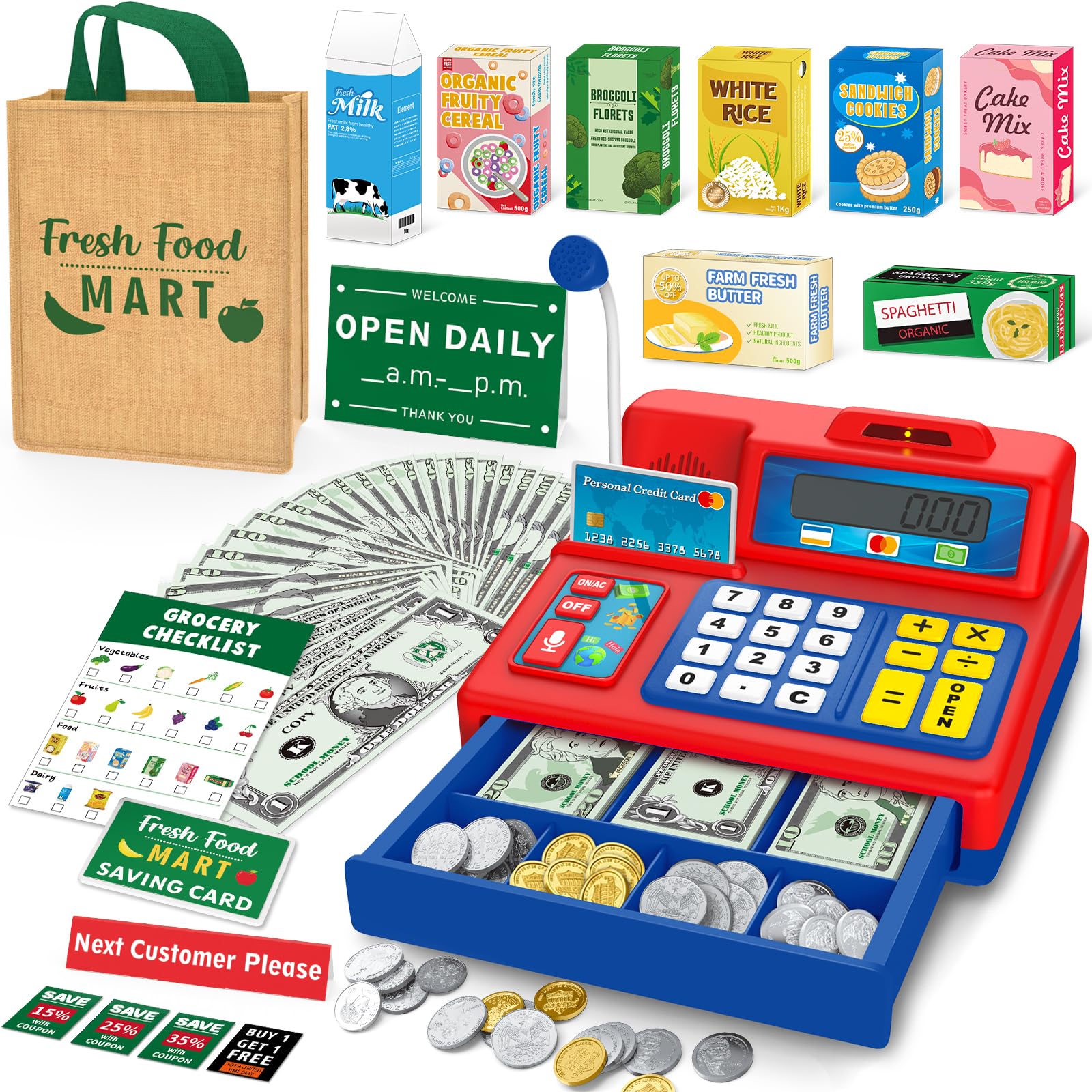 Bstoyder calculator cash register toy with open drawer, enhances counting practice.
