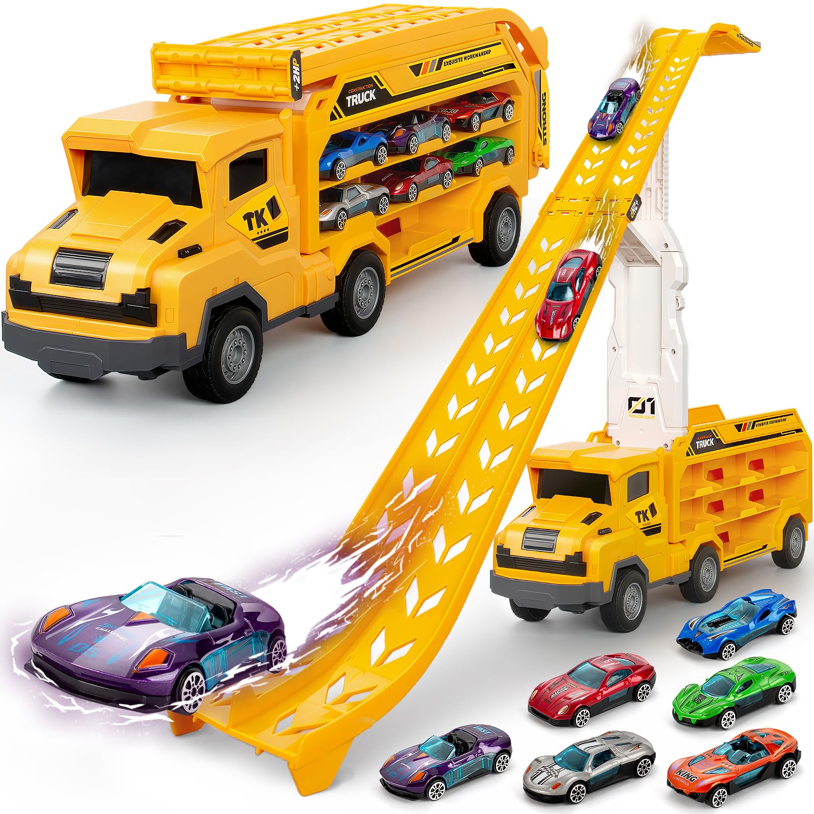 Bstoyder carrier truck with foldable track for versatile play indoors or outdoors.