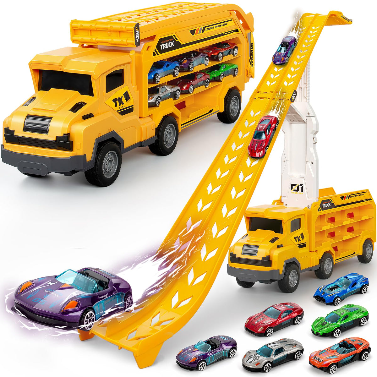 Bstoyder carrier truck with foldable track for versatile play indoors or outdoors.