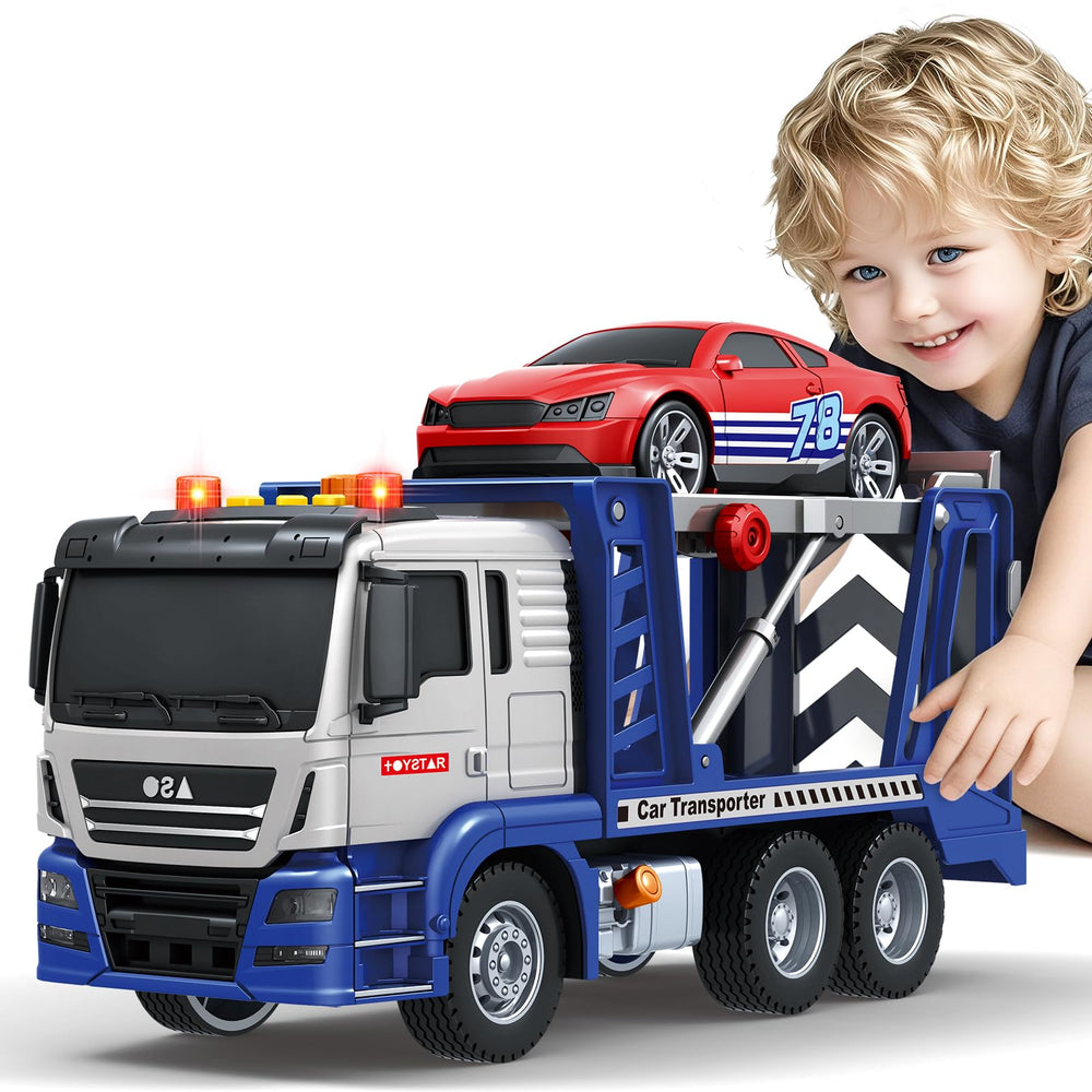 Bstoyder car carrier truck with racing car lights for pretend rescue play