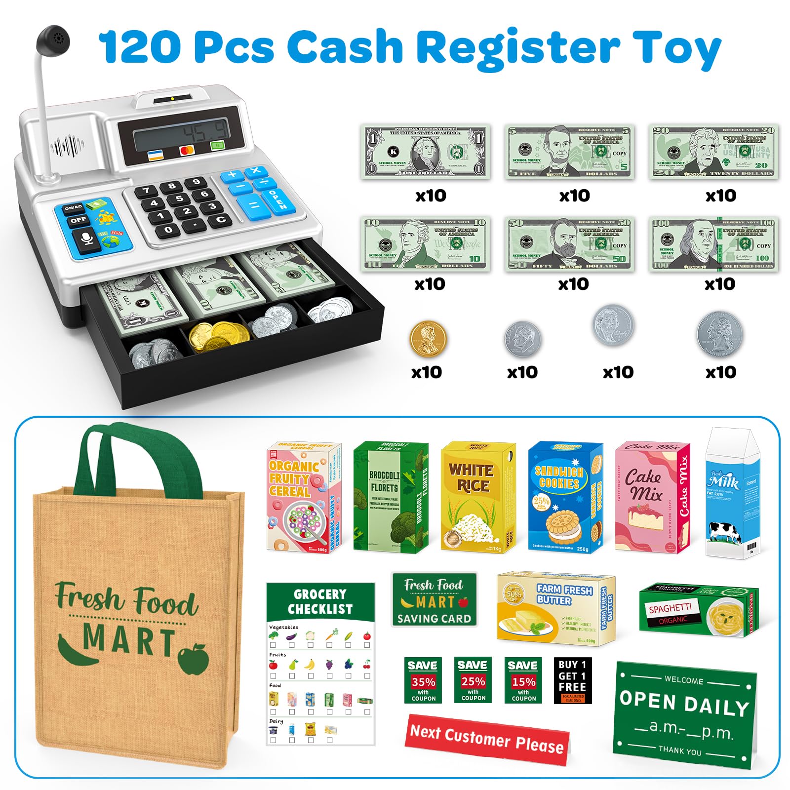 Bstoyder cash register with microphone demonstrating interactive sound effects