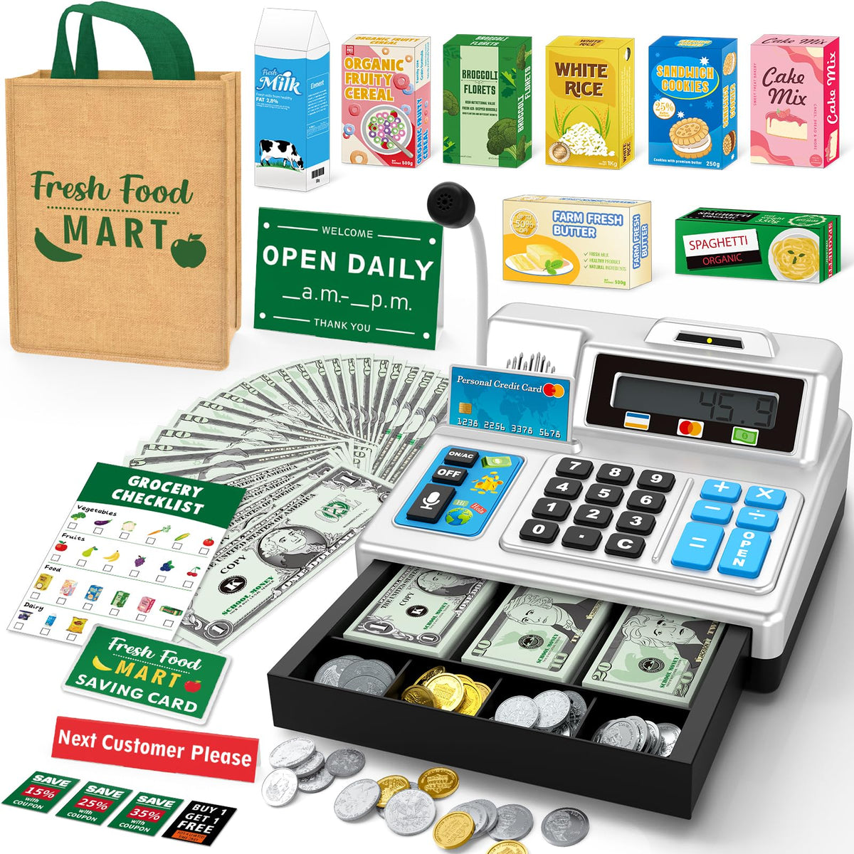 Bstoyder silvery cash register front view for hands-on math and pretend shopping