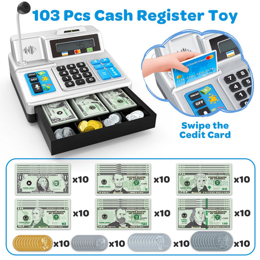 Bstoyder cash-register toy featuring microphone and sounds for storytelling during play.
