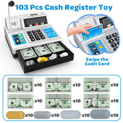 Bstoyder cash-register toy featuring microphone and sounds for storytelling during play.