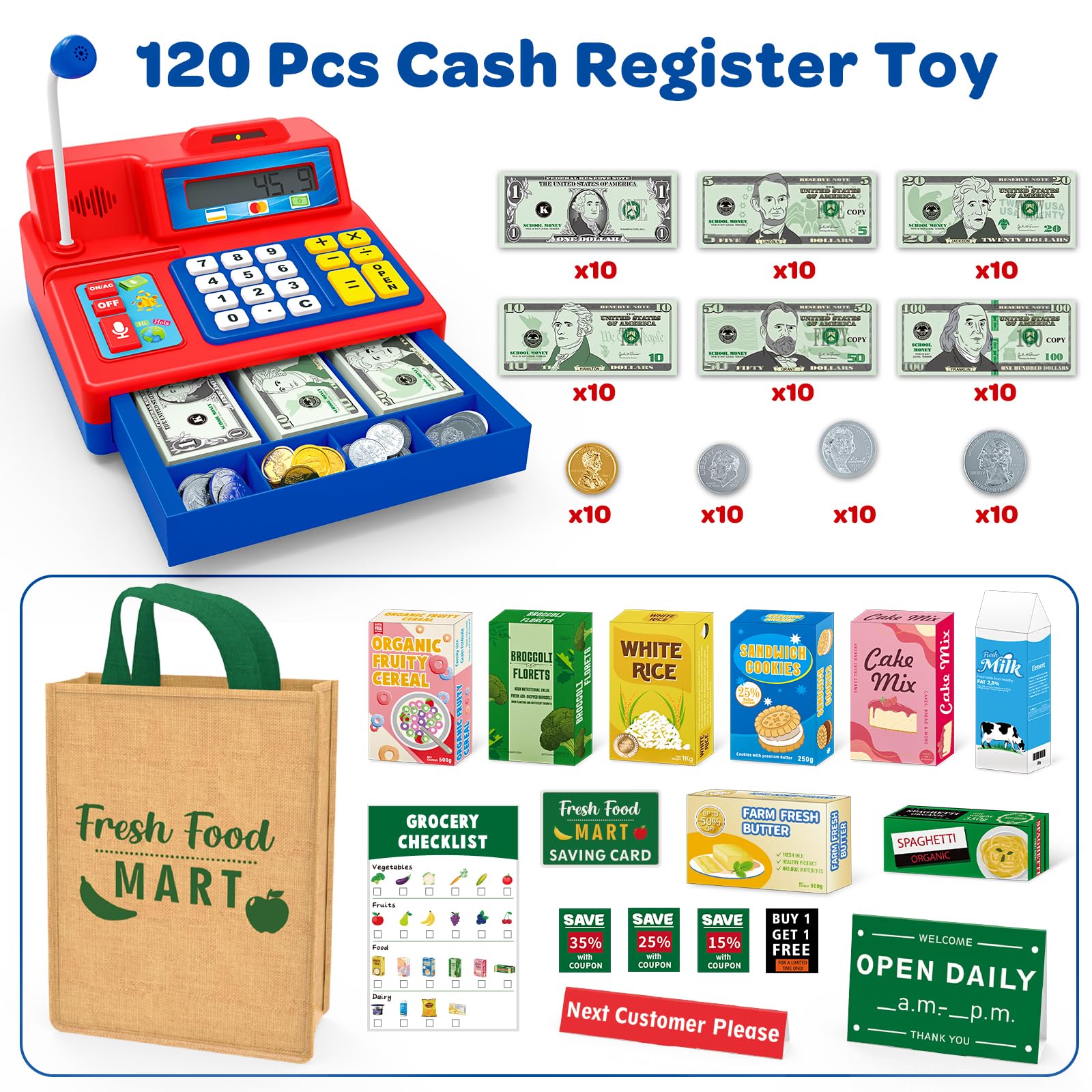 Bstoyder cash register toy microphone in use, promotes imaginative shopping play.