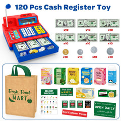 Bstoyder cash register toy microphone in use, promotes imaginative shopping play.