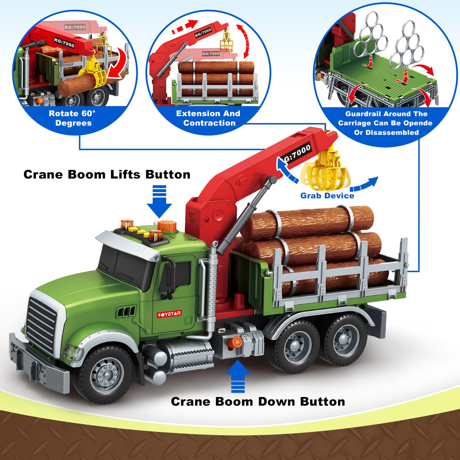 Bstoyder logging truck crane grabs logs for interactive pretend loading.