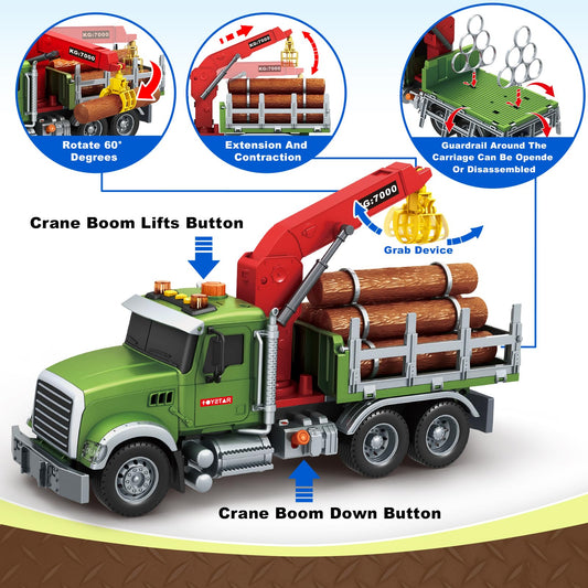 Bstoyder logging truck crane grabs logs for interactive pretend loading.