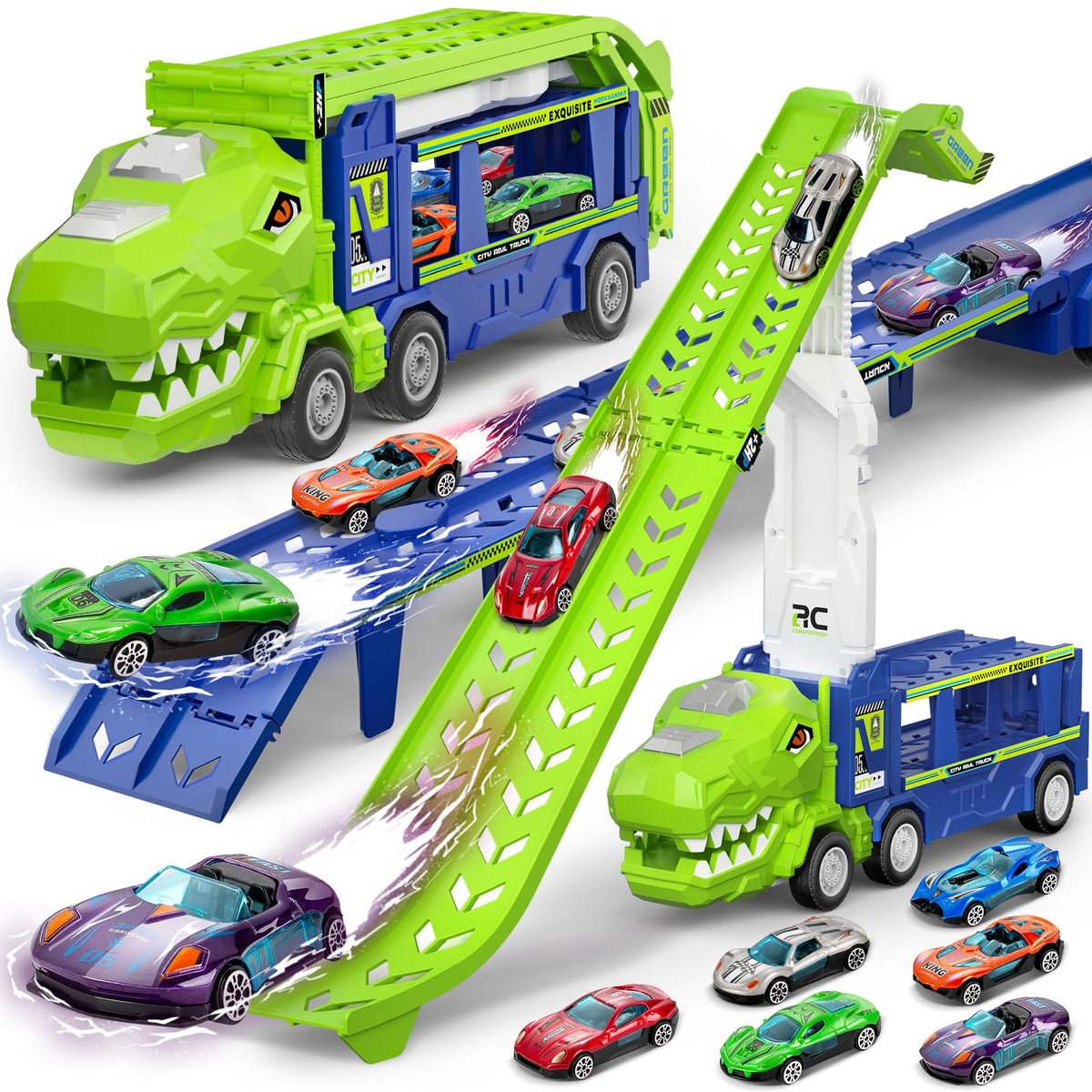 Bstoyder dinosaur carrier truck folded setup offering compact storage and quick playtime