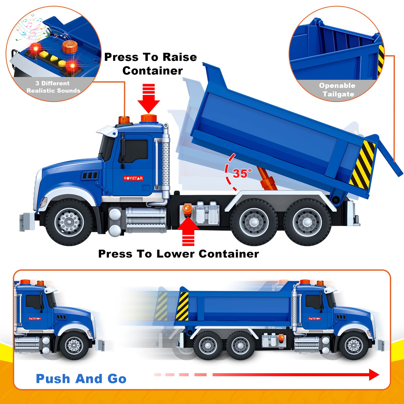 Bstoyder blue dump truck features an accessible orange button to unload materials during play.