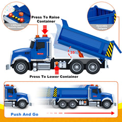 Bstoyder blue dump truck features an accessible orange button to unload materials during play.