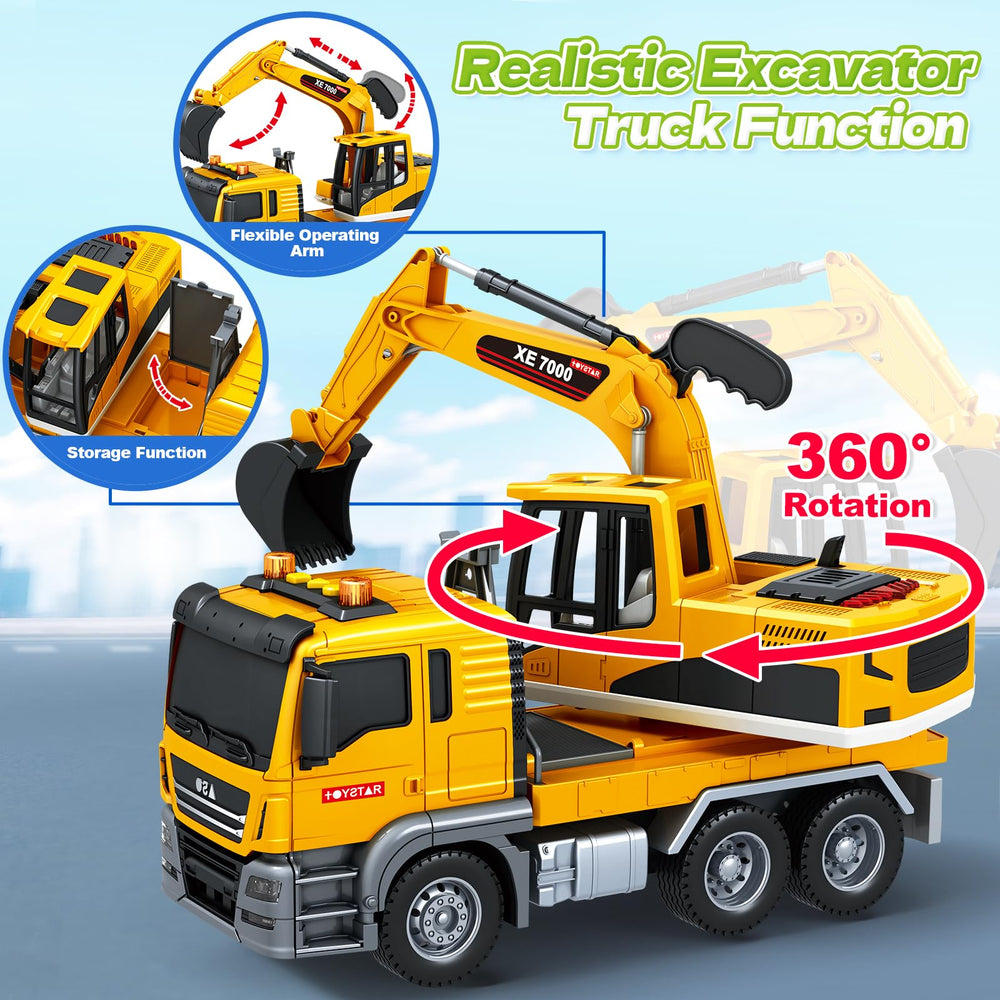 Bstoyder excavator arm rotates 360 degrees for realistic digging action.
