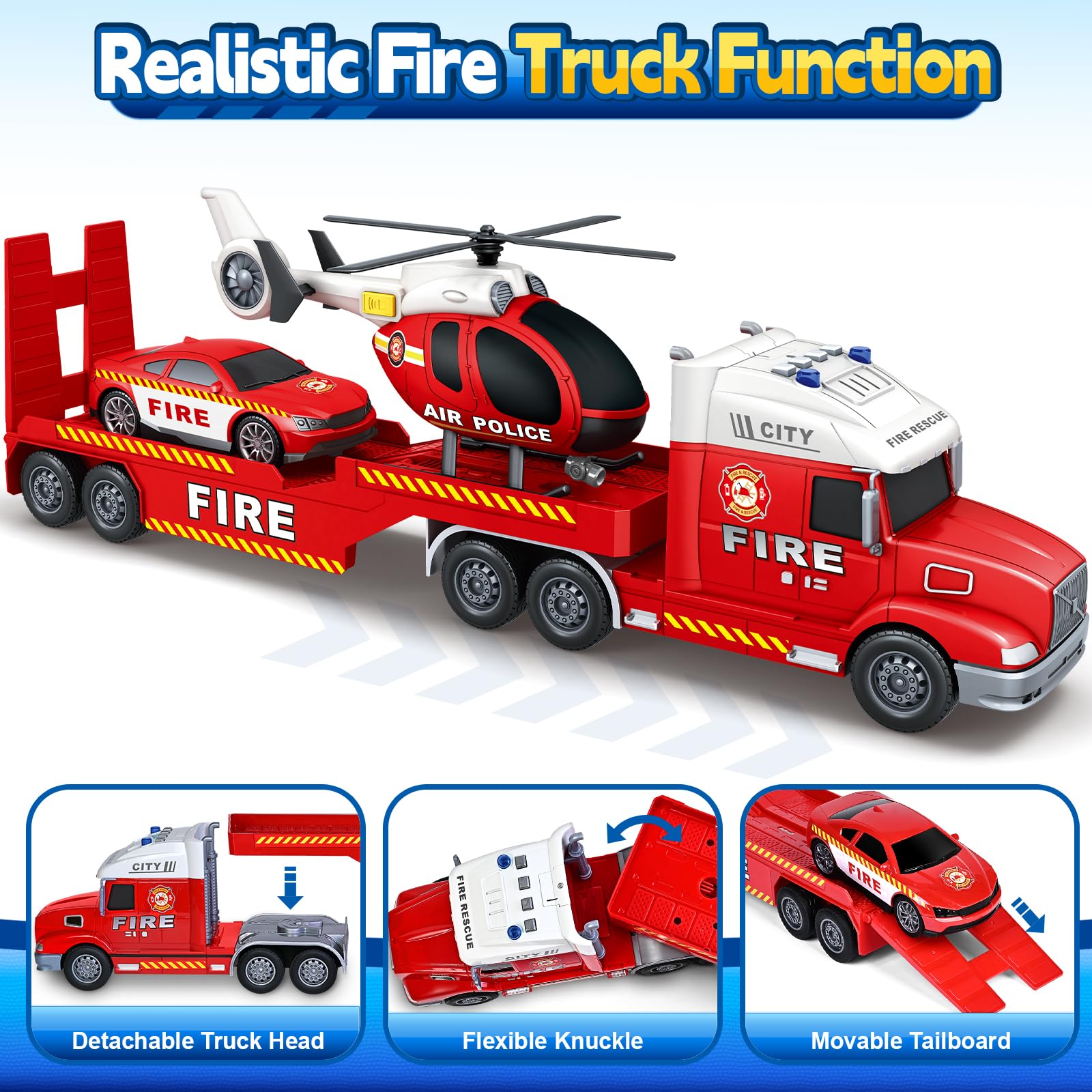 Bstoyder fire truck helicopter set highlights lights and sounds for interactive learning.