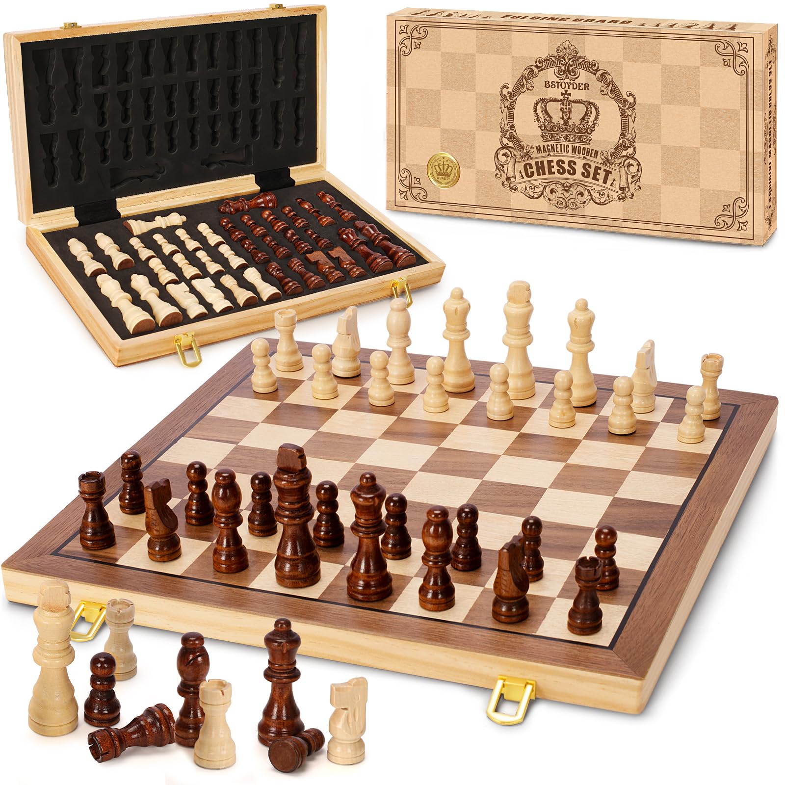 Bstoyder magnetic wooden chess board opened for on-the-go play.