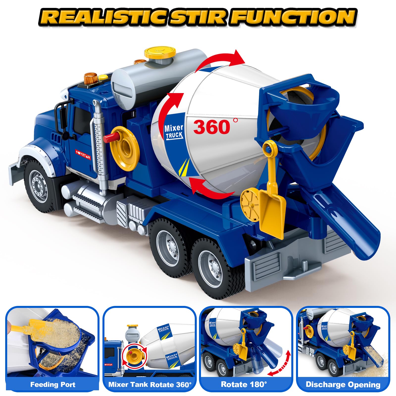 Mixer tank rotation lets kids simulate unloading materials with the Bstoyder truck.