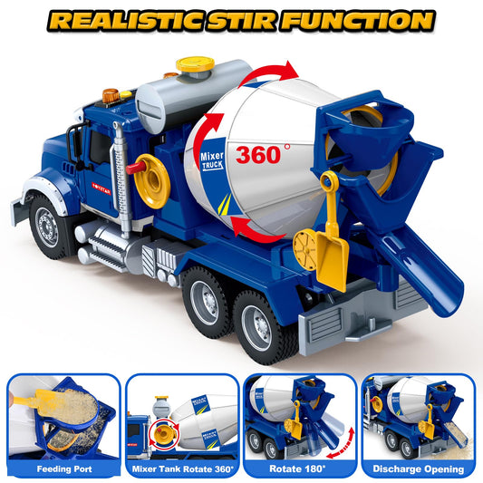 Mixer tank rotation lets kids simulate unloading materials with the Bstoyder truck.