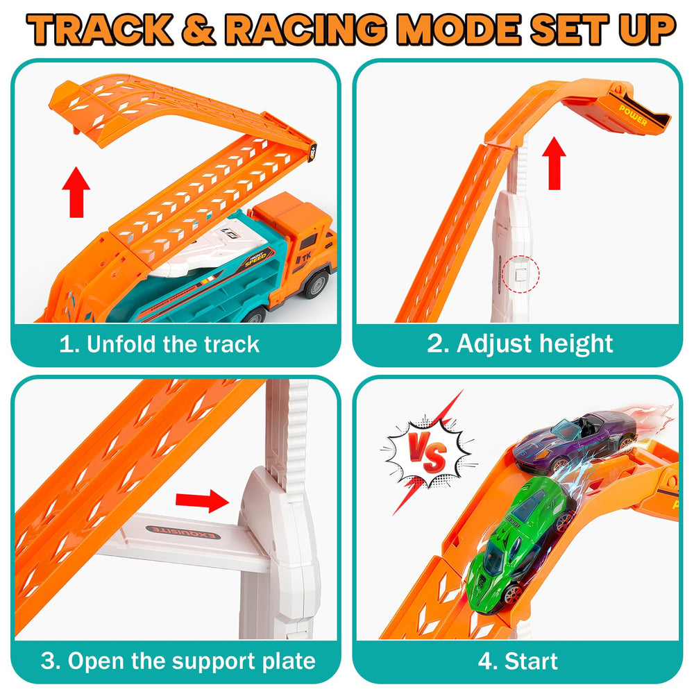 Orange carrier truck viewed from the side on the race track