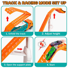 Orange carrier truck viewed from the side on the race track