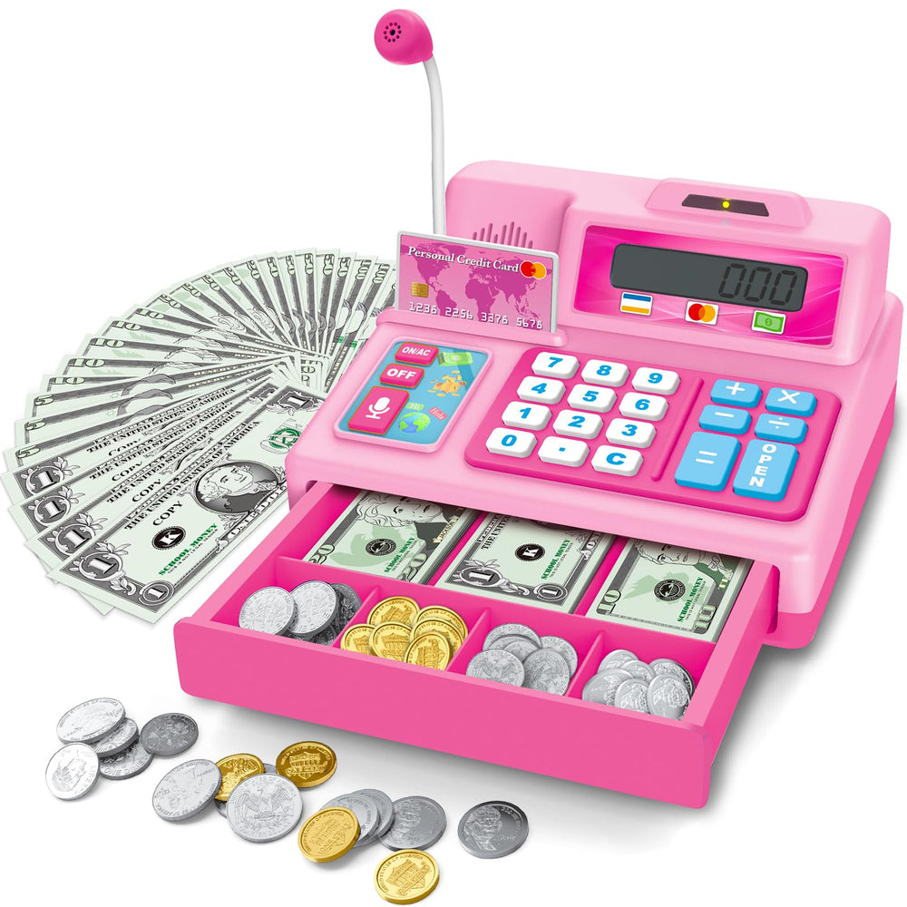 Bstoyder pink cash register toy with open drawer for imaginative play and early math practice