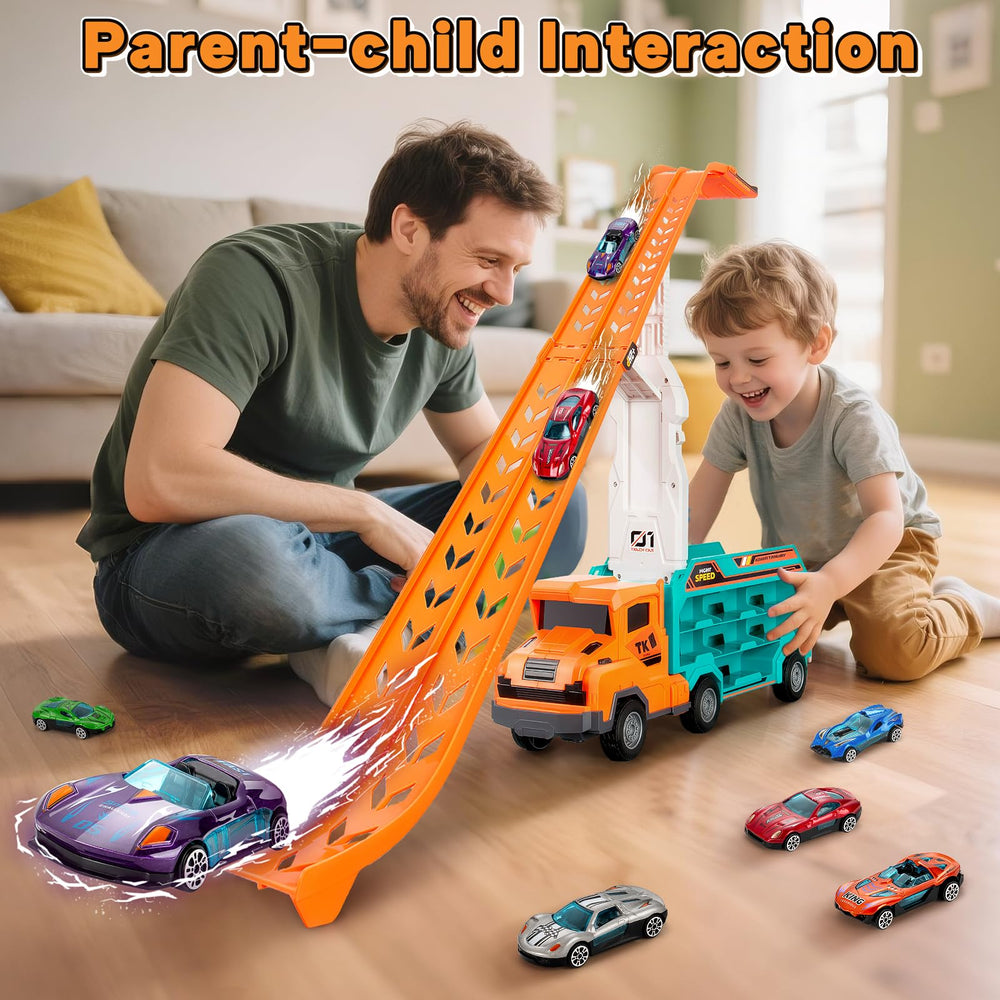 Six metal cars ready for indoor play with the carrier truck