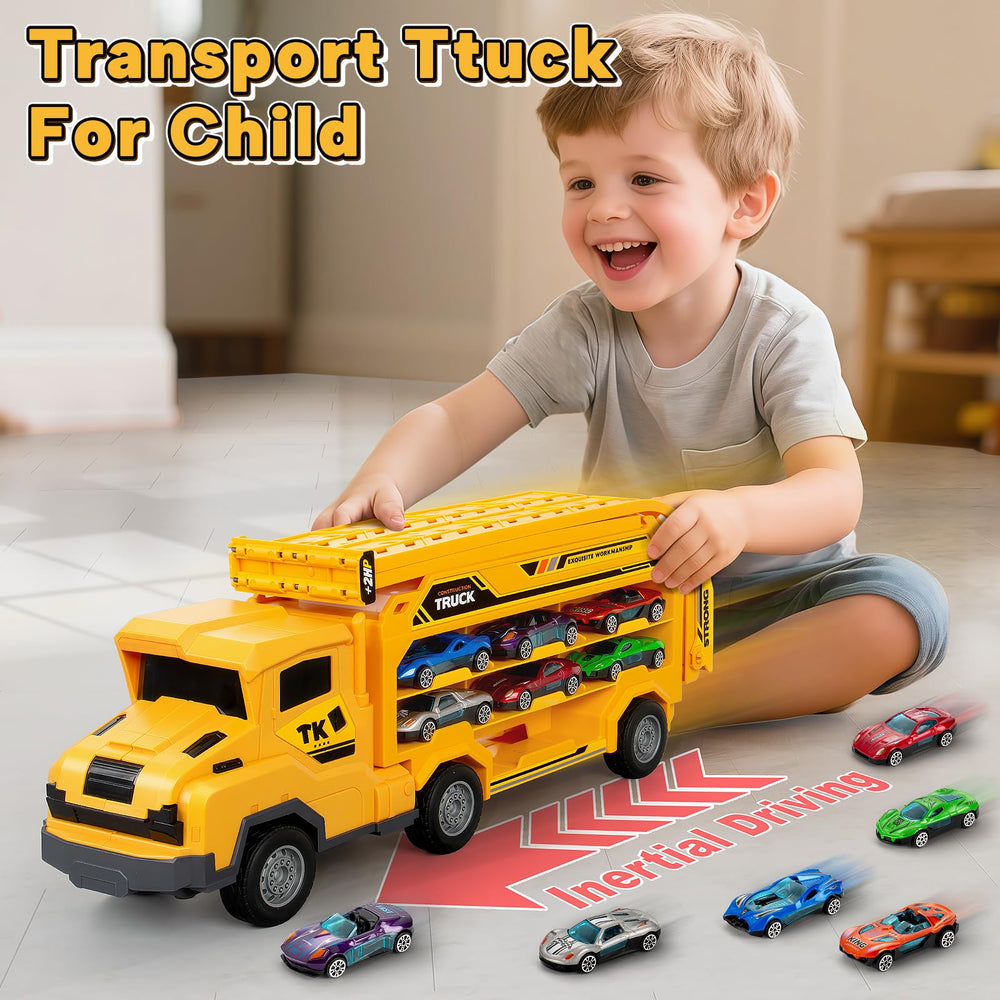 Bstoyder transport truck with six metal cars ready for racing.