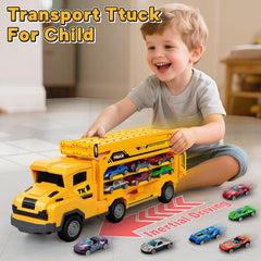 Bstoyder transport truck with six metal cars ready for racing.