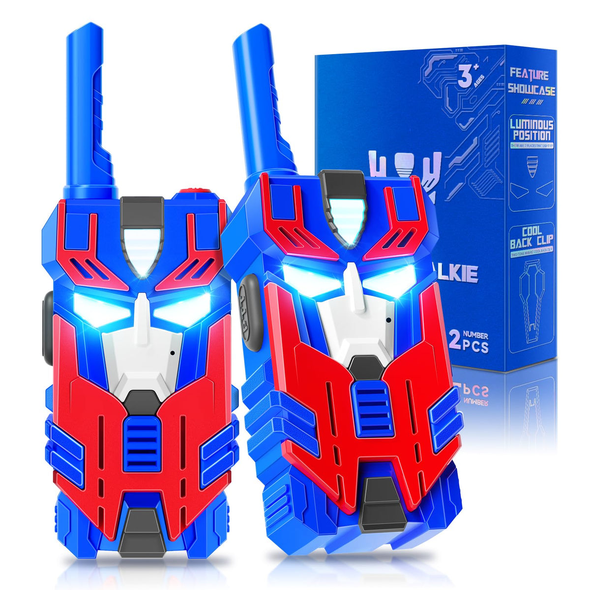 BTMBORY Transform Walkie Talkies Blue Leader Robot front view for outdoor adventures.