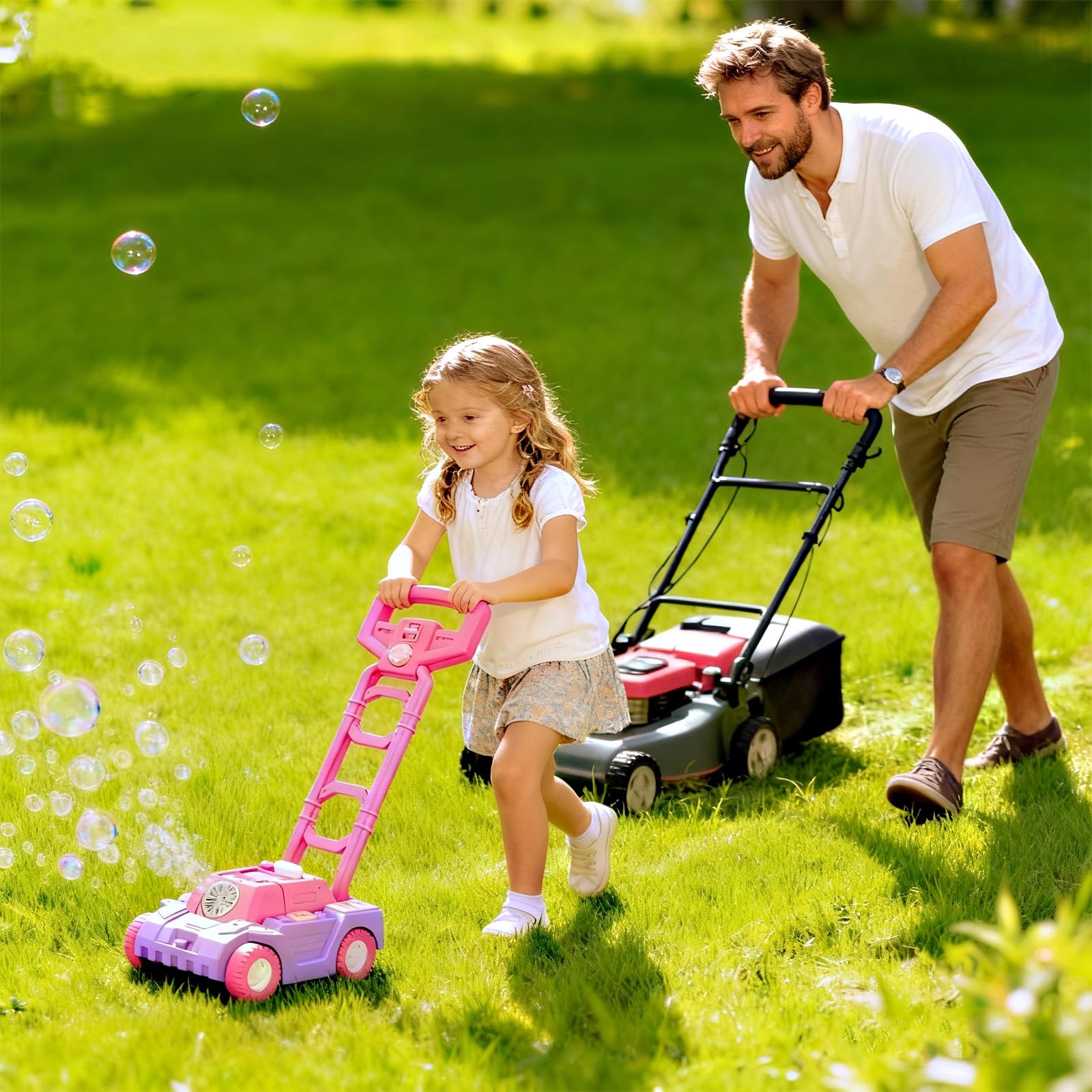 Bttyu Bubble Lawn Mower top-fill action enables easy bubble liquid refills.