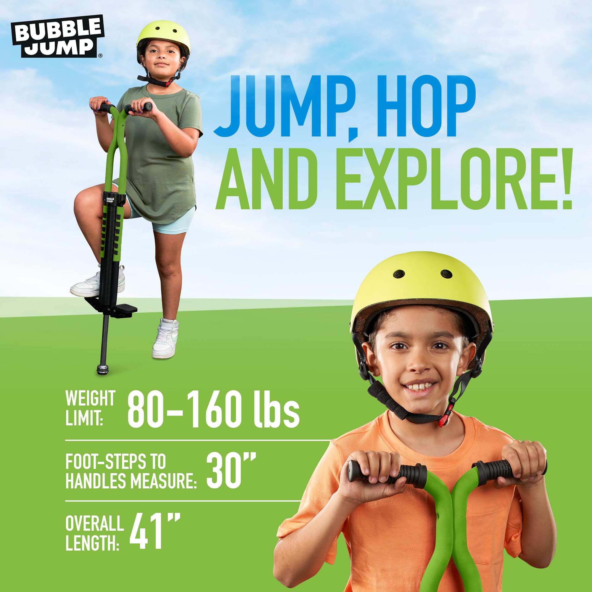 Bubble Jump Pogo Stick durable foam-covered metal frame for long-lasting fun.