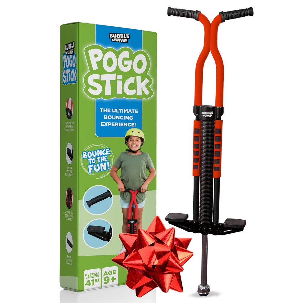 Bubble Jump pogo stick red front view shows ergonomic grip for confident jumping.