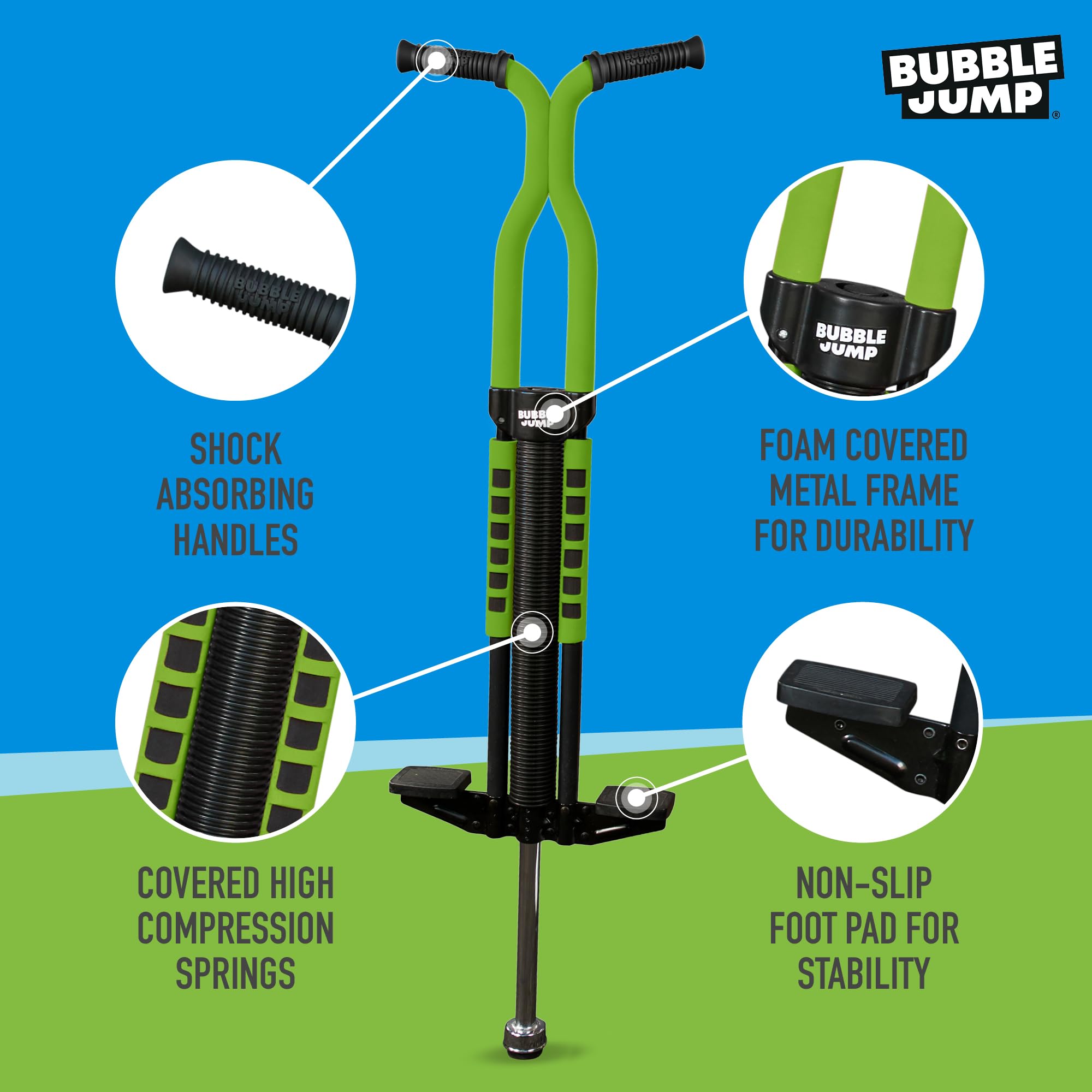 Bubble Jump Pogo Stick safety features include foam casings and anti-slip tips.