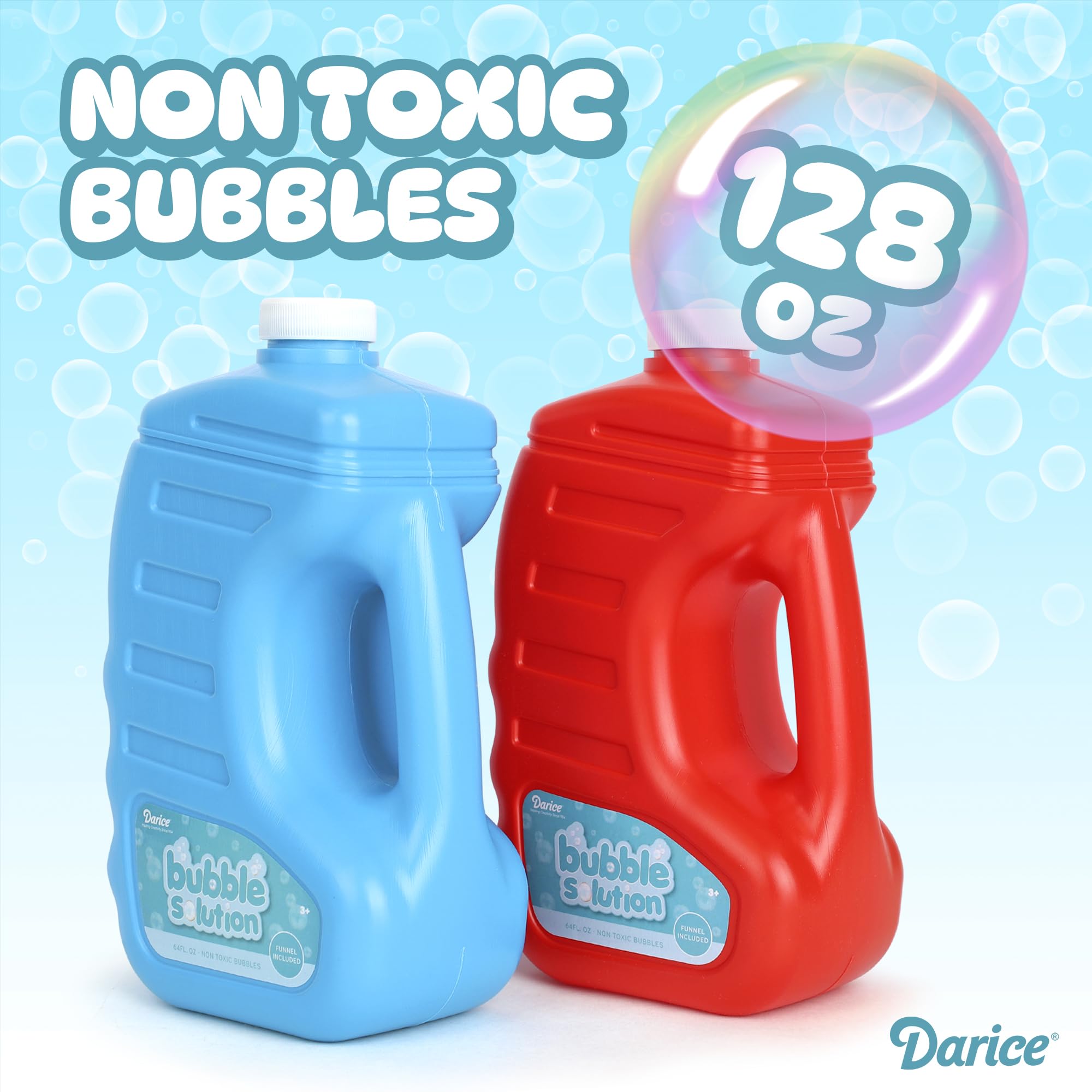 Bubble Play Darice two 64oz bottles with handles for portability.