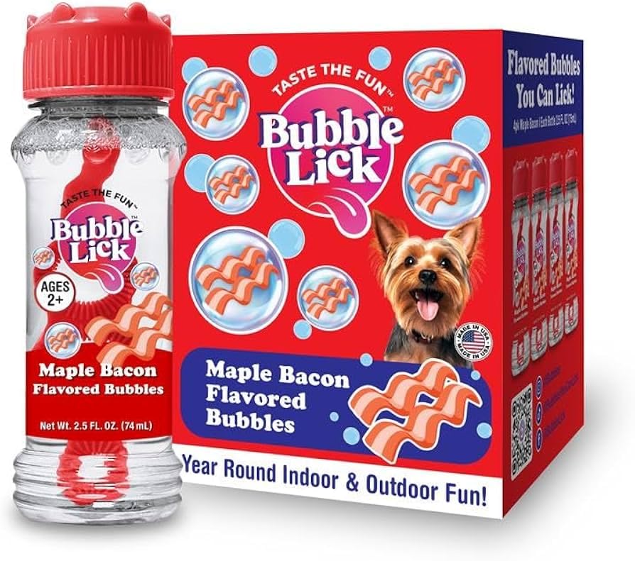 BubbleLick Maple Bacon Bubbles 4-pack for dogs, tasty enrichment during grooming and daycare.