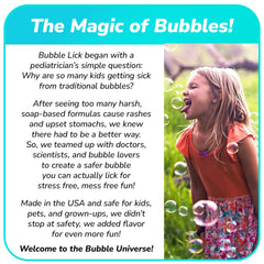 BubbleLick bubbles in cup demonstrate playful, mess-free family fun.