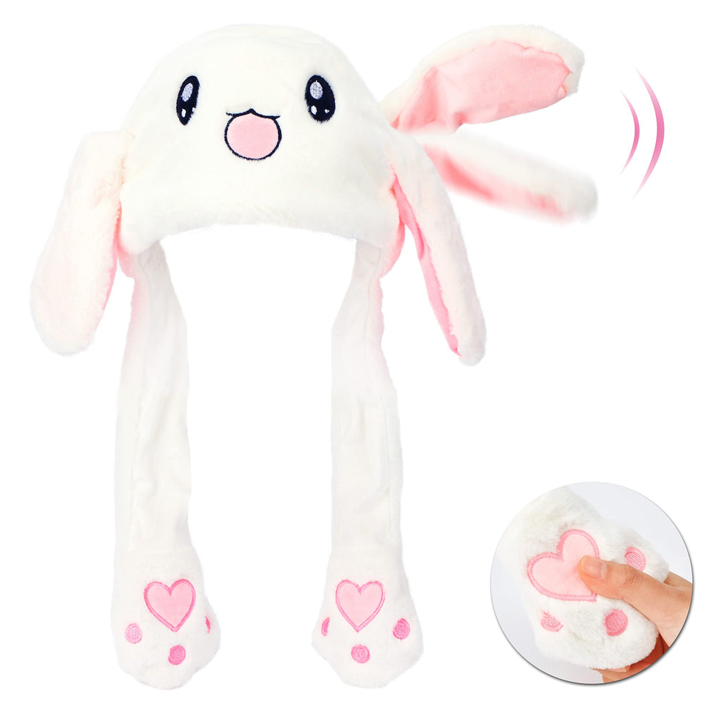 Bubblepompom bunny hat with moving ears in white plush, perfect for playful photos