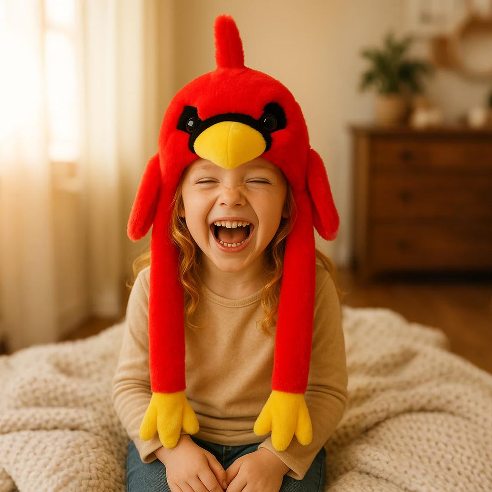 Bubblepompom cardinal hat with ears, paw action, perfect for kids' imaginative play.