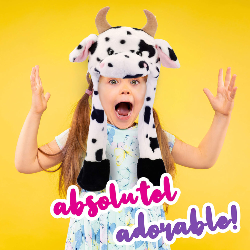 Bubblepompom cow hat close-up plush fabric for comfort and safety.