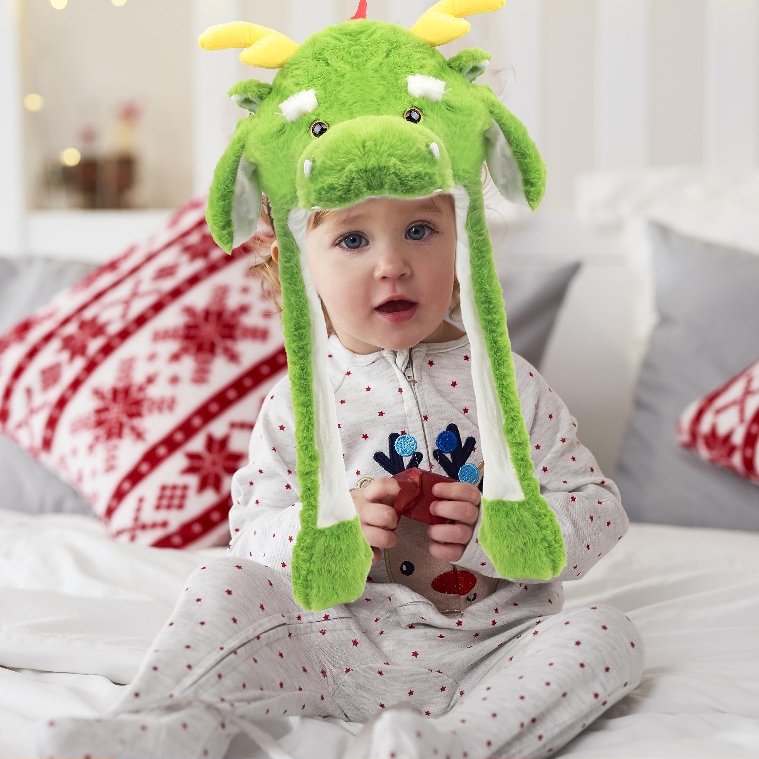 Bubblepompom soft plush dragon hat ideal for autumn and winter wear.