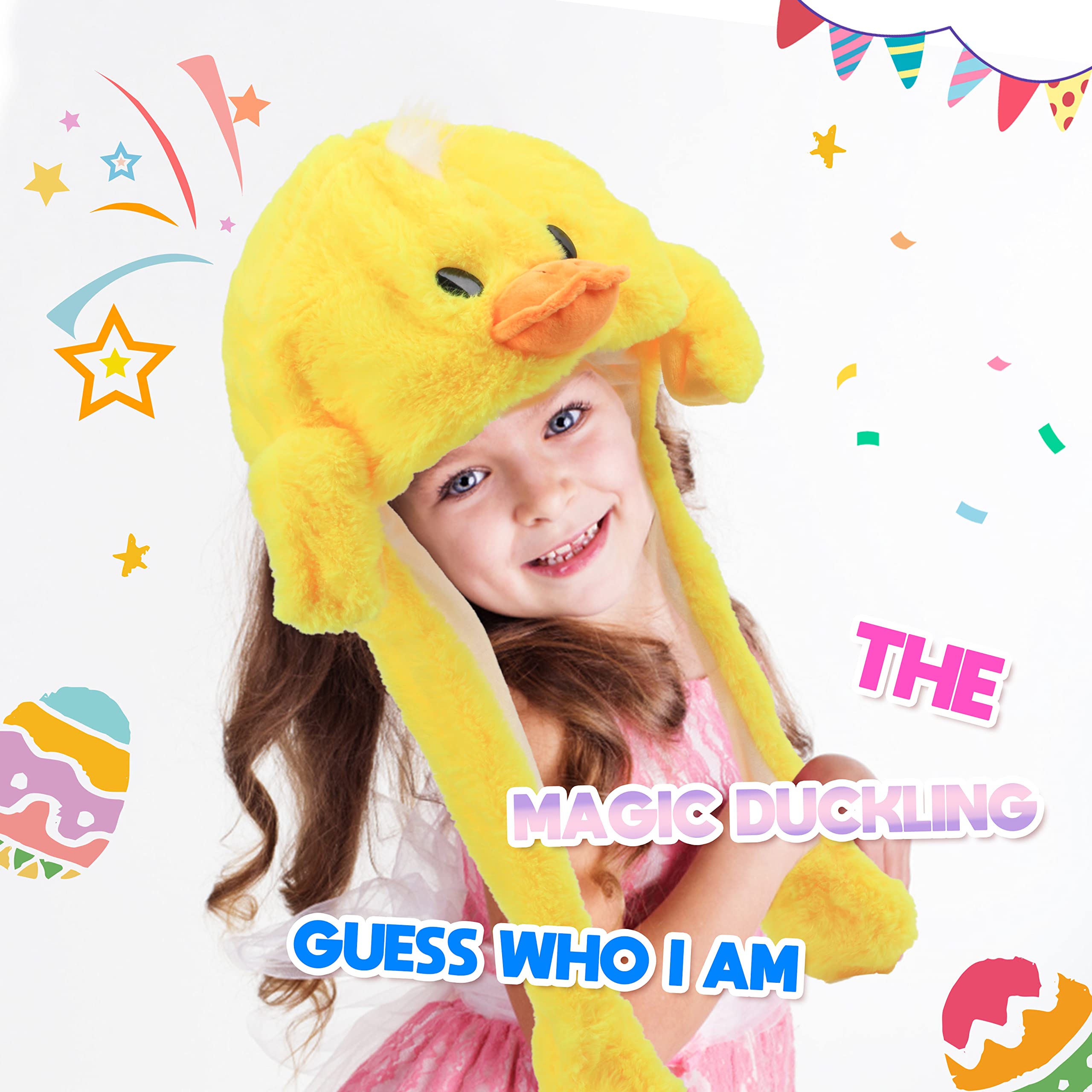 Bubblepompom duck hat worn by a child during dress-up play.