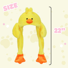 Bubblepompom plush duck hat close-up shows soft plush fabric.