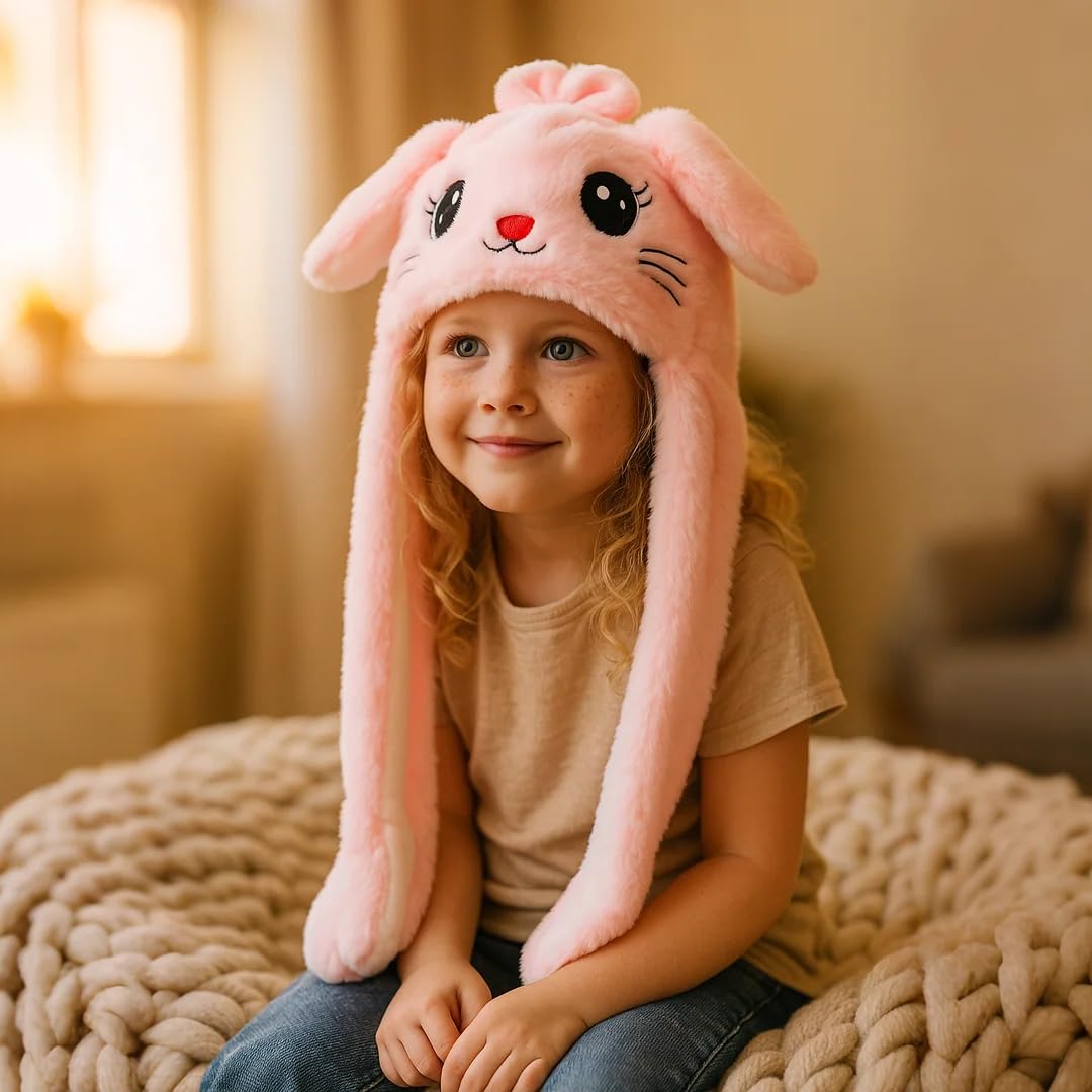 Bubblepompom Kitty Hat pink plush keeps kids warm while posing.