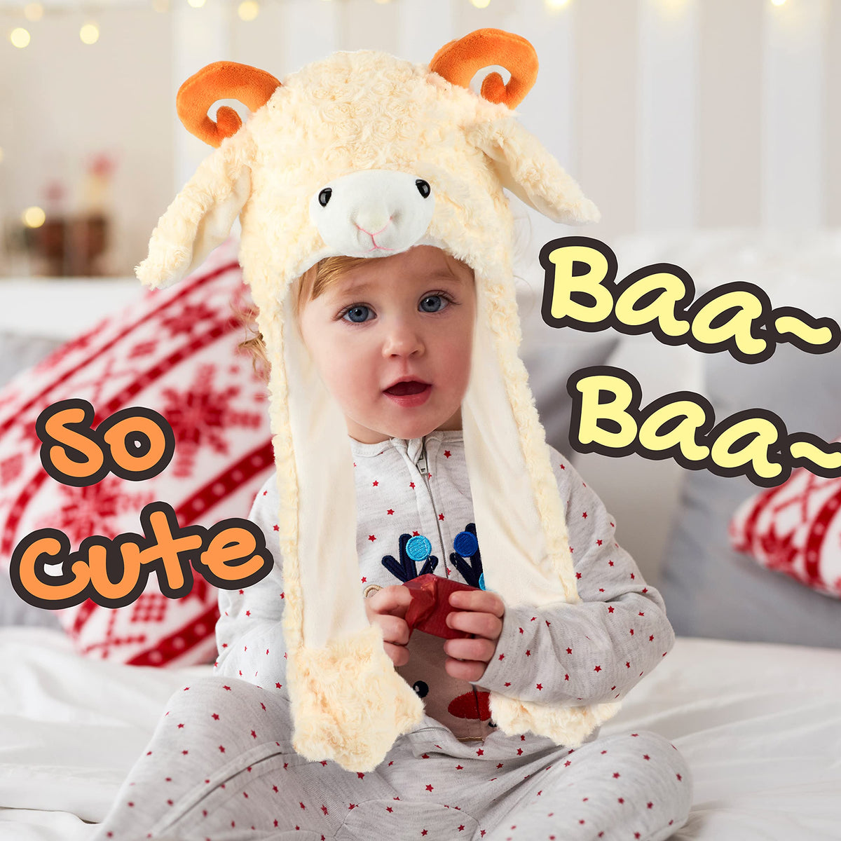 Bubblepompom plush lamb hat offers cozy comfort in plush fabric.
